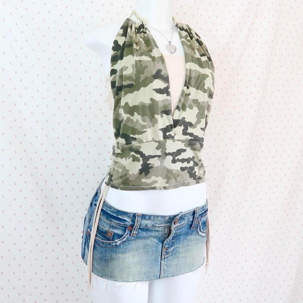 Vintage Y2K Camo Halter Top McBling Deep V Camouflage
